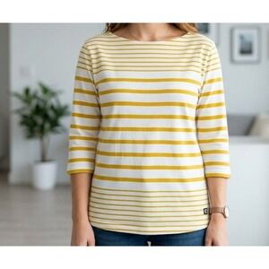 Helly Hansen Womens Top Size XL Yellow Breton Stripe Boat Neck 3/4 Sleeve Cotton
